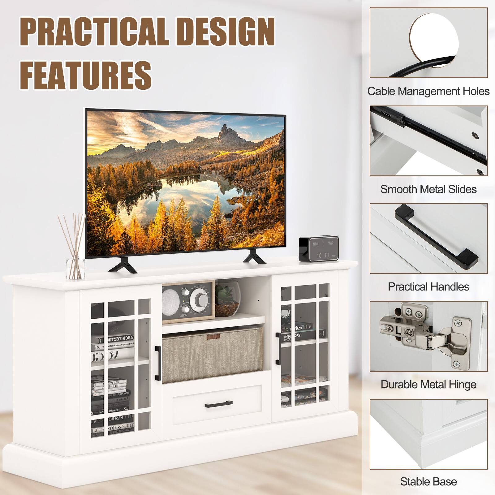 Costway 63 Inch Modern TV Cabinet TV Console Table w/ 2 Side