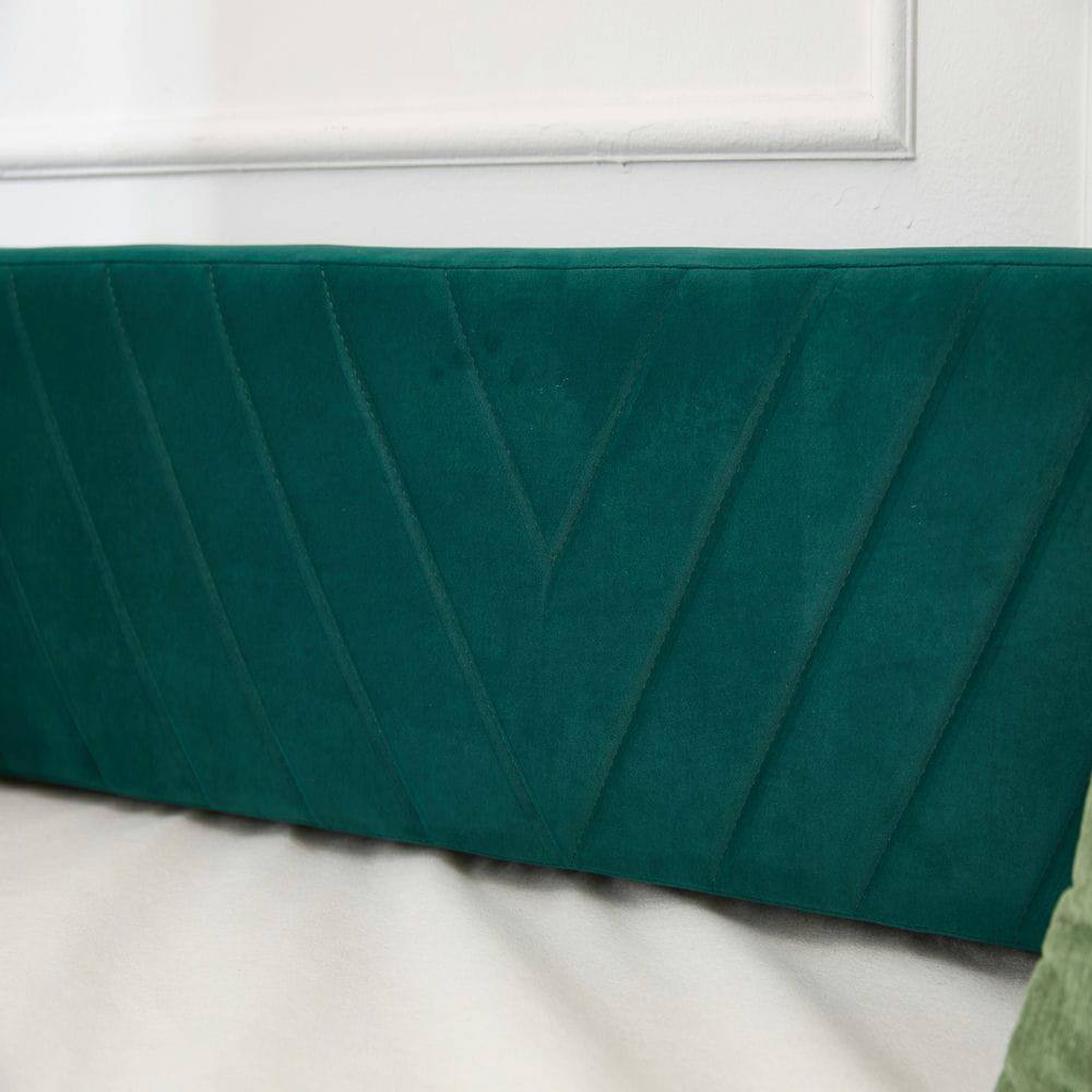 Left. Kadyn - Twin Upholstered Daybed with Trundle, USB Port & Side Pockets, Modern V-Grain Backrest, No Box Spring - Green.