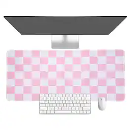 Unique Bargains - Checkered Desk Mat, 31.5x11.8 Inch Mouse Pad, Non-Slip Rubber, Stitched Edges, Soft, for Computer/Laptop - Pink/White