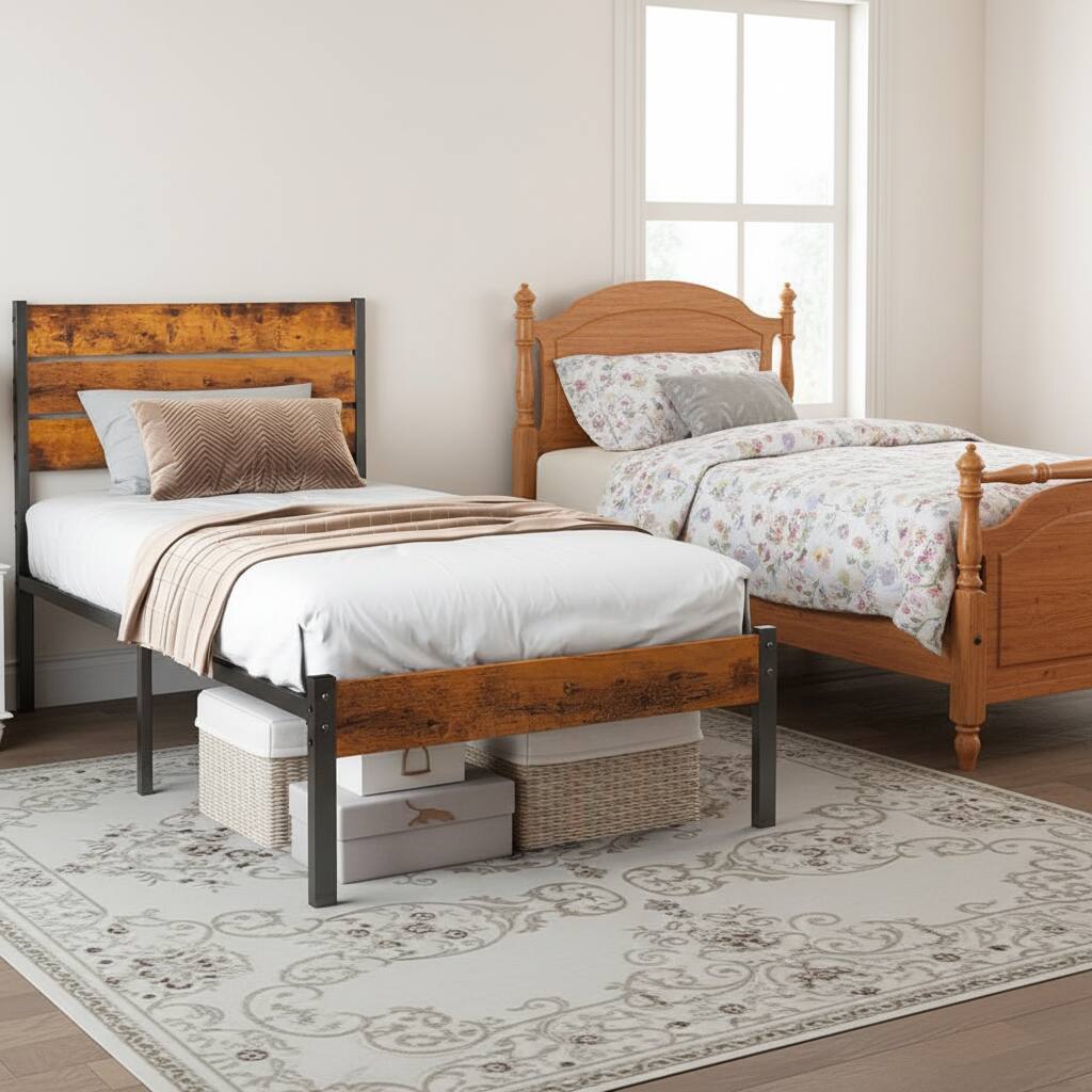 Alt View 6. AOITUN - Twin Size Industrial Bed Frame, Rustic Wood Headboard & Footboard, 800LBS Capacity, 12" Underbed Storage. - Rustic.