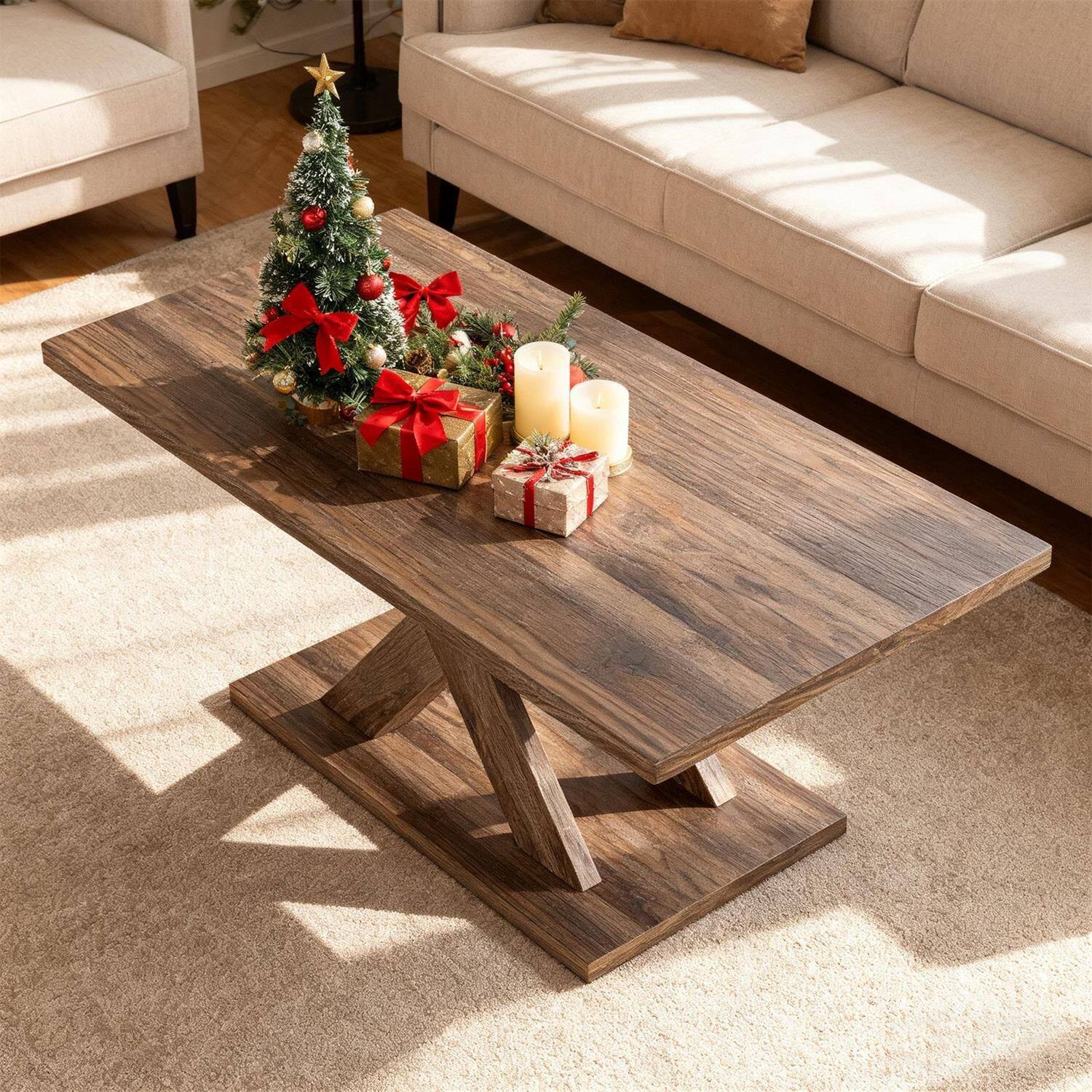 Angle. Pefilos - 37.5 Inch Rectangle Coffee Table, Rubber Solid Wood Connection Stable Base - Brown.