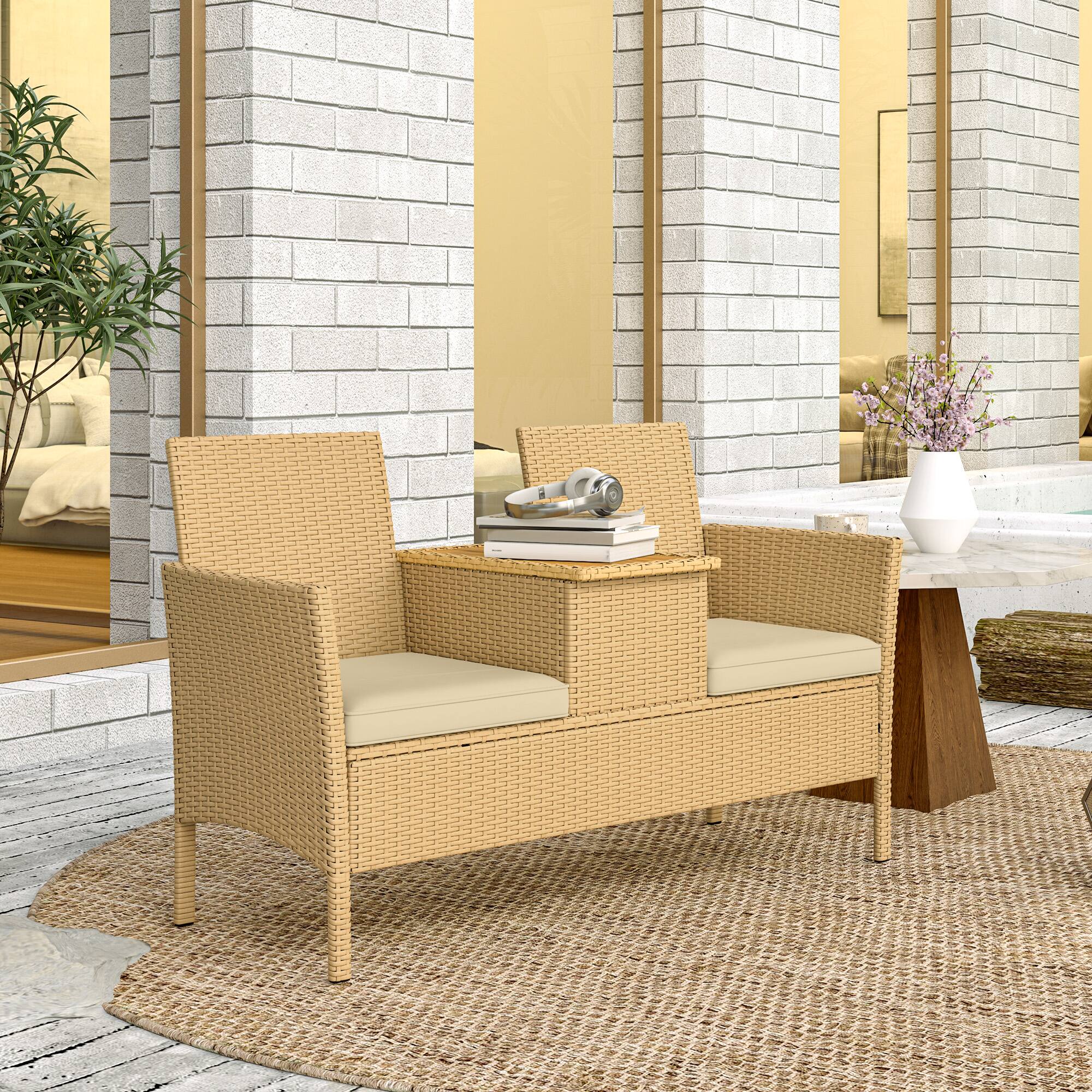 Alt View 7. Outsunny - Rattan Patio Loveseat with Built-in Flip-Top Coffee Table, Outdoor Wicker Sofa with Hidden Storage and Cushions - Khaki.