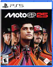 P PS5 IM MotoGP TM 25. A man riding a motorcycle is shown on the cover of the game. The game is rated E for Everyone and is available for both children and adults. The game is developed by Milestone.