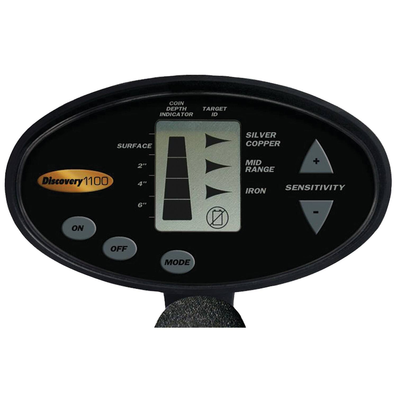 COIN DEPTH TARGET INDICATOR ID SURFACE SILVER COPPER  
Discovery1100  
1100  
2" 4"  
MID RANGE  
SENSITIVITY  
IRON  
6"  
ON OFF MODE