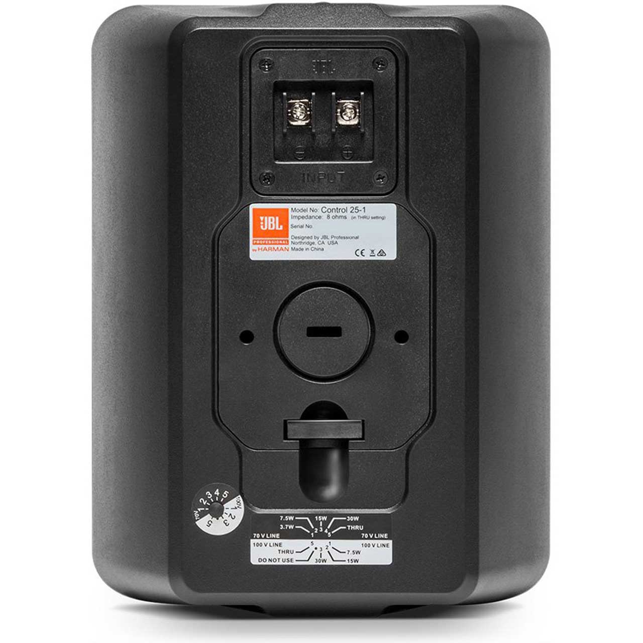 1E0 CE C INPOT  
Model No: Control 25-1  
Impedance: 1 ohm  
Serial No: Designed by J. Professional  
HARMAN Made in China  
CE 1A 3 4 3i 2 5 3 POV 2 5 E 1 7.5W 3.7W TO V LINE 100 V LINE THRU DO NOT USE 11w 2 I 1 1 1 I 2 I 20W 20W THRU 70 > LIME 100 . LINE 1 n 5W

---

JBL  
Model No: Control 25-1  
Impedance: 8 ohms (in THRU setting)  
Serial No:  
Designed by J. Professional  
HARMAN Made in China  
CE

---

7.5W  
3.7W  
70 V LINE  
100 V LINE THRU  
DO NOT USE  
30W  
7.5W 100 V LINE  
15W