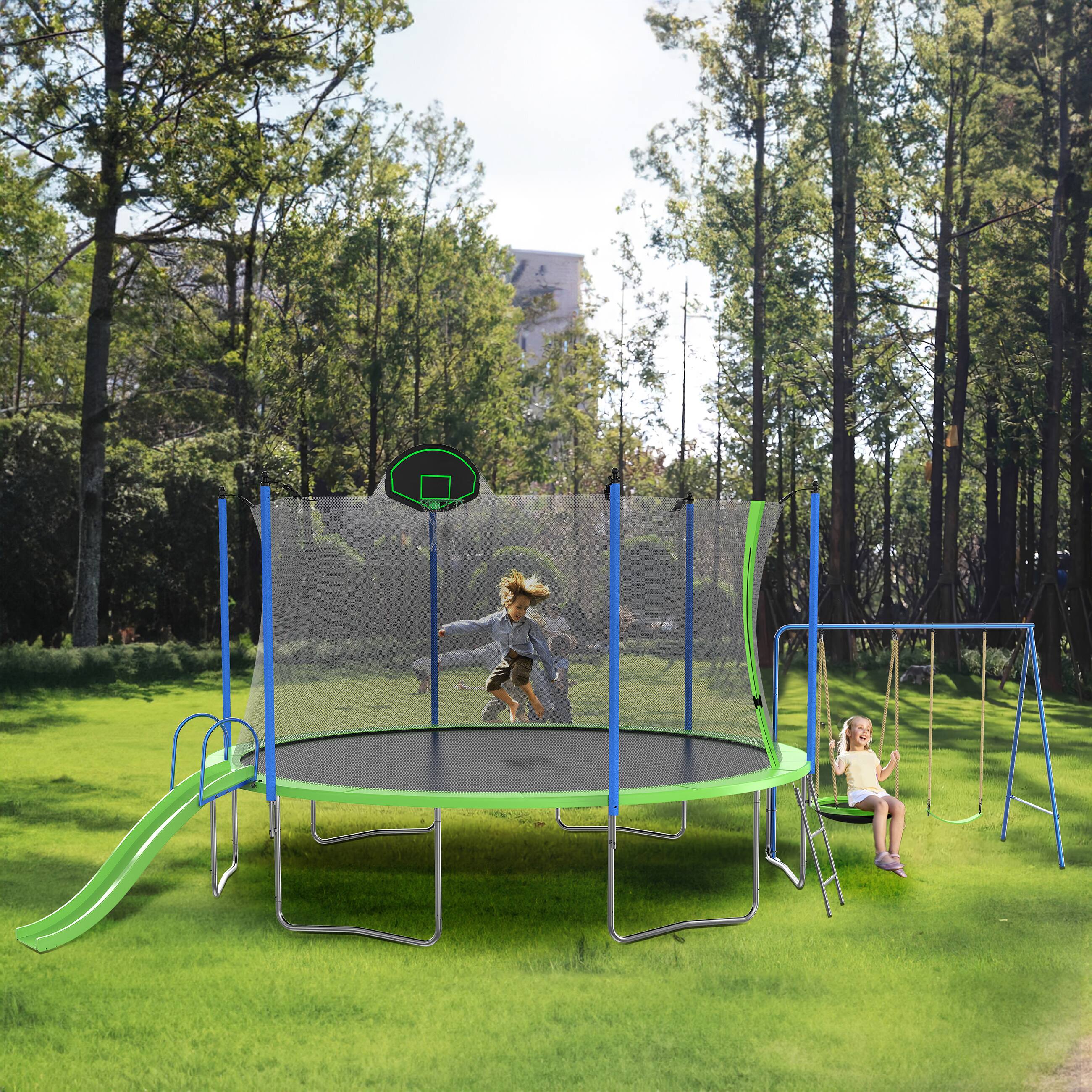 Alt View 1. LOVMOR - Lovmor 14 FT Trampoline with Basketball Hoop and Ladder Recreational Trampoline for Adults.