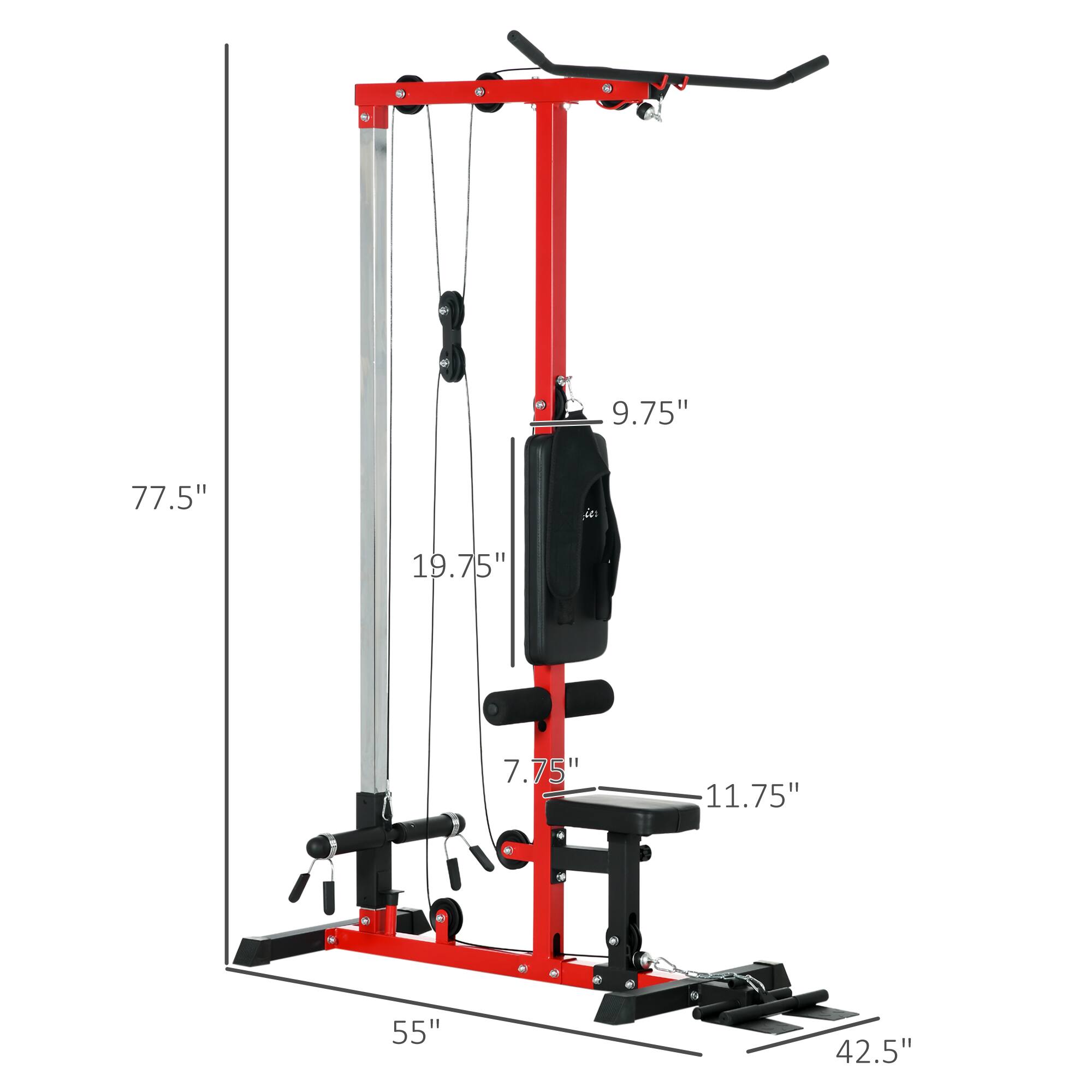 - Height: 77.5"
- Width: 42.5"
- Depth: 55"
- Seat Height: 19.75"
- Seat Width: 11.75"
- Backrest Height: 9.75"
- Barbell Rack Height: 7.75"
