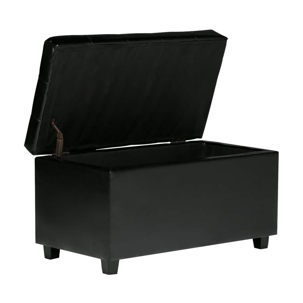 Left. Simpli Home - Cosmopolitan Rectangular Wood / Faux Leather Ottoman With Inner Storage - Midnight Black.