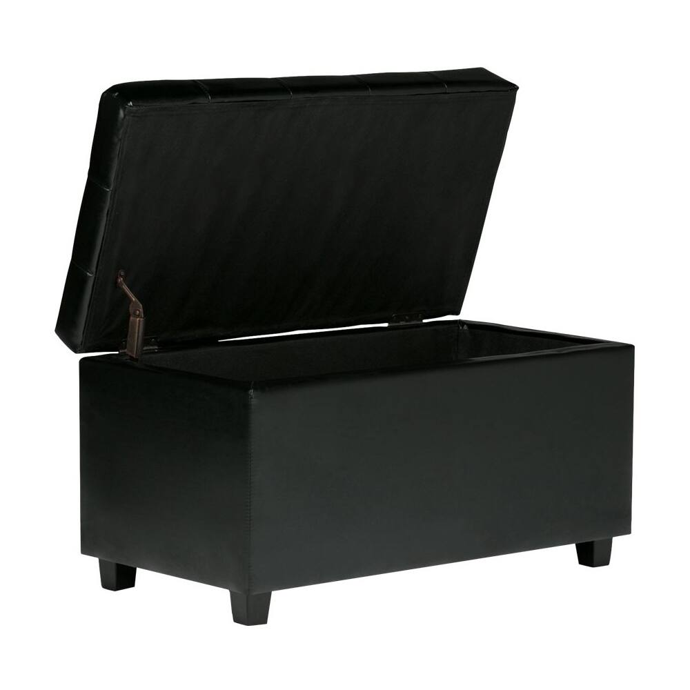 Left. Simpli Home - Cosmopolitan Rectangular Wood / Faux Leather Ottoman With Inner Storage - Midnight Black.