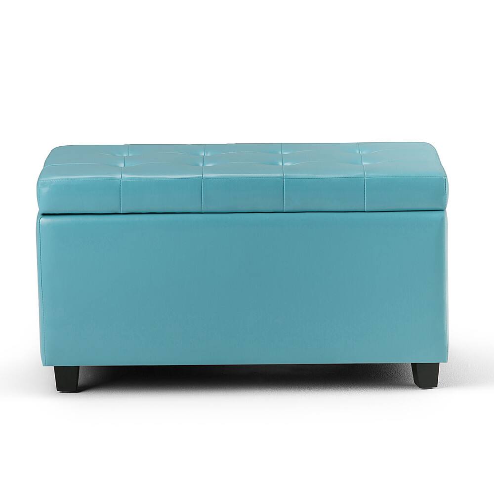 Angle. Simpli Home - Cosmopolitan Rectangular Wood / Faux Leather Ottoman With Inner Storage - Soft Blue.
