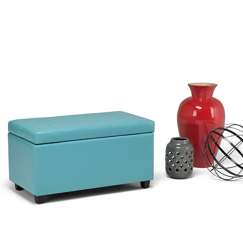 Left. Simpli Home - Cosmopolitan Rectangular Wood / Faux Leather Ottoman With Inner Storage - Soft Blue.