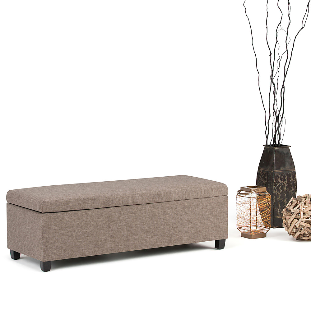 Left View: Simpli Home - Avalon Rectangular Polyester Ottoman With Inner Storage - Fawn Brown