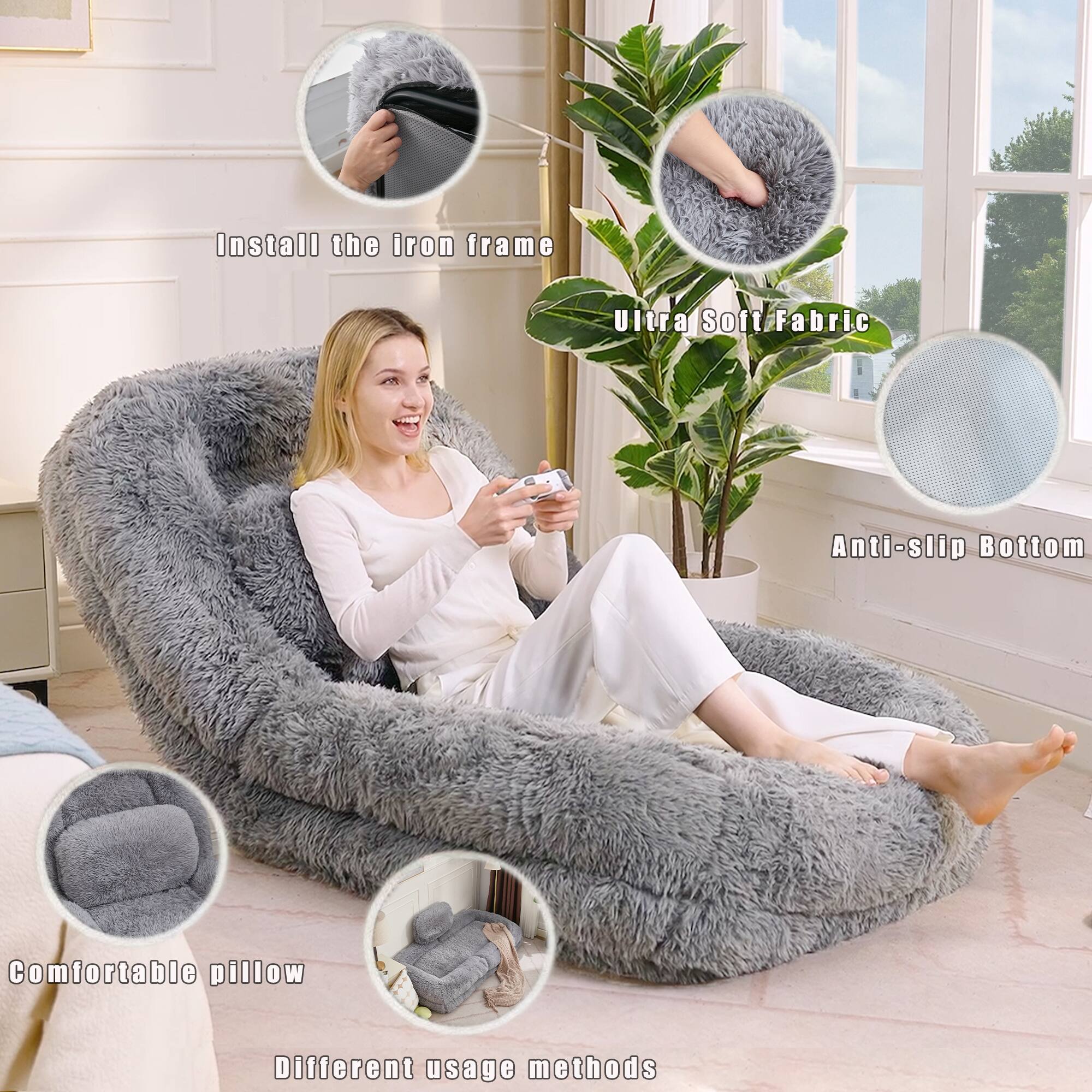 - Install the iron frame
- Ultra Soft Fabric
- Anti-slip Bottom
- Comfortable pillow
- Different usage methods