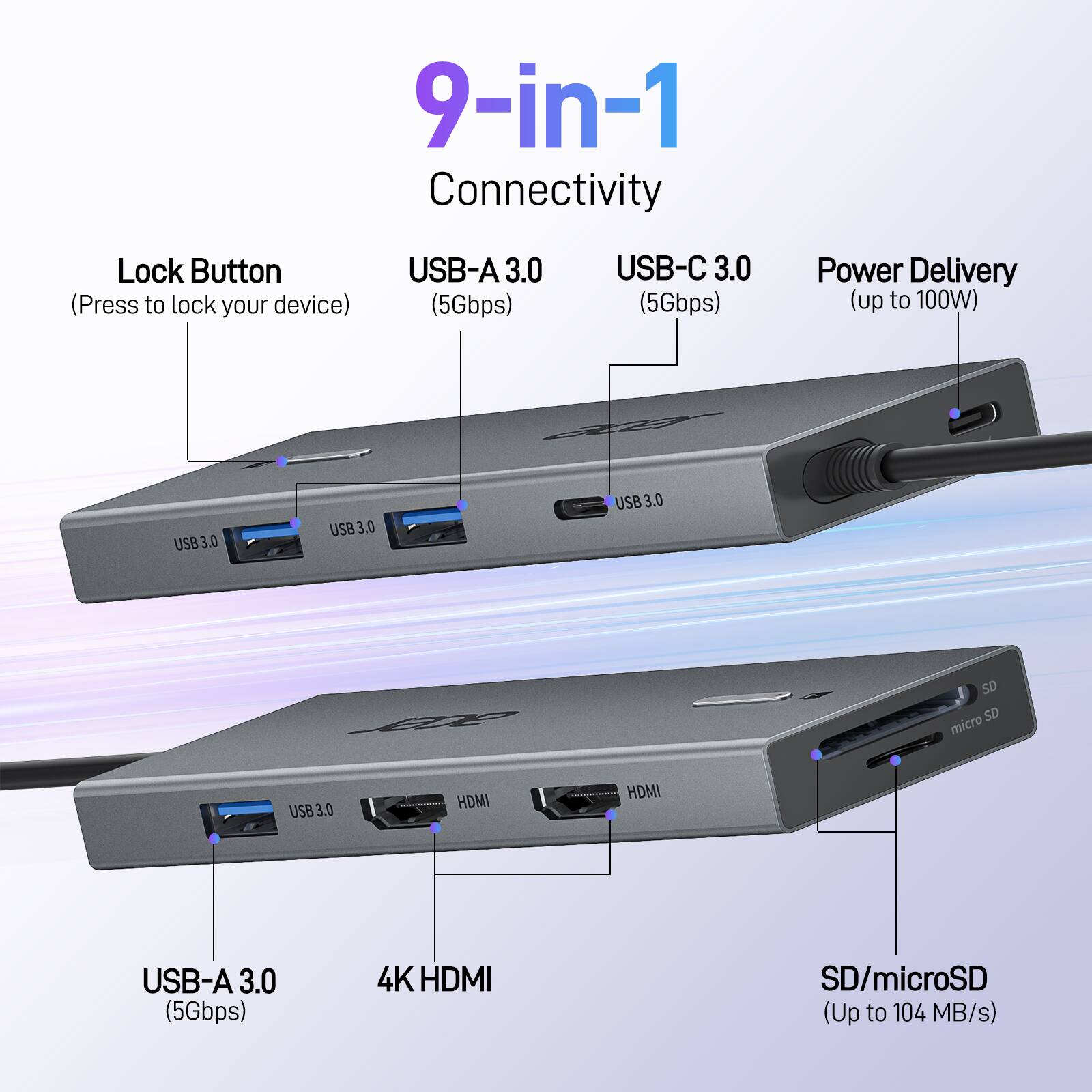 9-in-1 Connectivity

- Lock Button (Press to lock your device)
- USB-A 3.0 (5Gbps)
- USB-C 3.0 (5Gbps)
- Power Delivery (up to 100W)
- USB 3.0
- USB 3.0
- USB 3.0
- SD
- microSD
- USB-A 3.0 (5Gbps)
- 4K HDMI
- SD/microSD (Up to 104 MB/s)