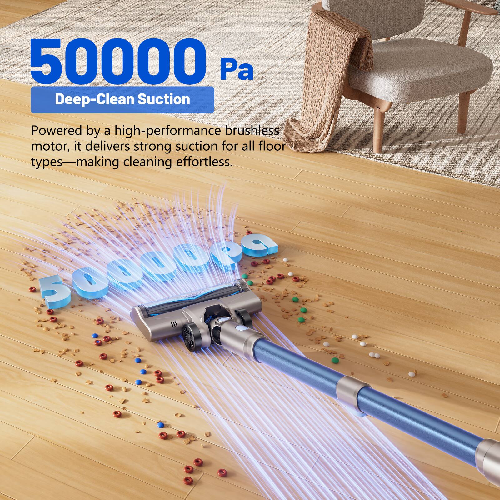 50000 Pa Deep-Clean Suction

Powered by a high-performance brushless motor, it delivers strong suction for all floor types—making cleaning effortless.