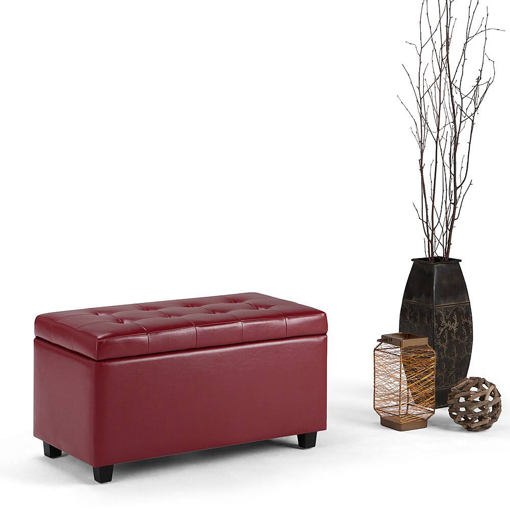 Angle. Simpli Home - Cosmopolitan Rectangular Wood / Faux Leather Ottoman With Inner Storage - Red.