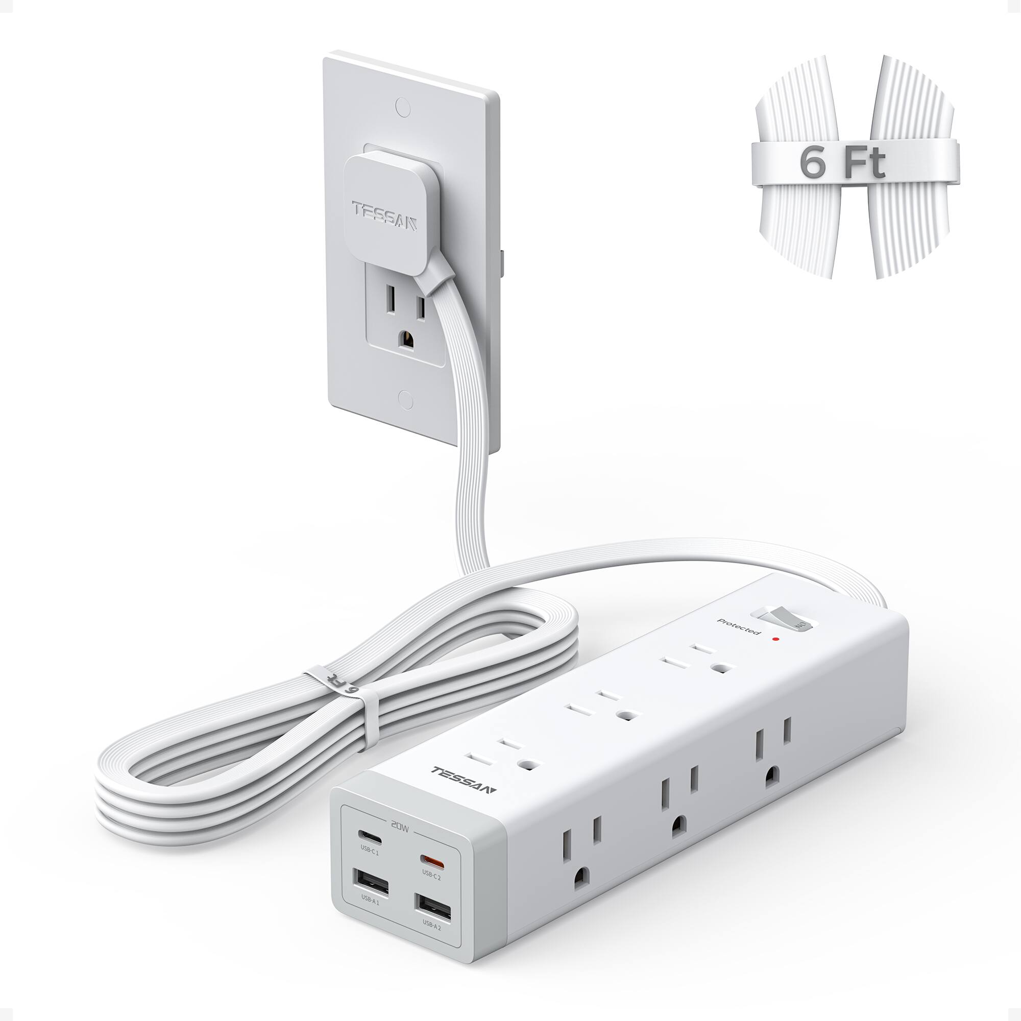 TESSAN - 9-in-1 Outlet/2-USB/2-USB-C 1050 Joules Surge Protector Power Strip PD 20W-Grey/White - Gray/White price history on PriceWatchPro