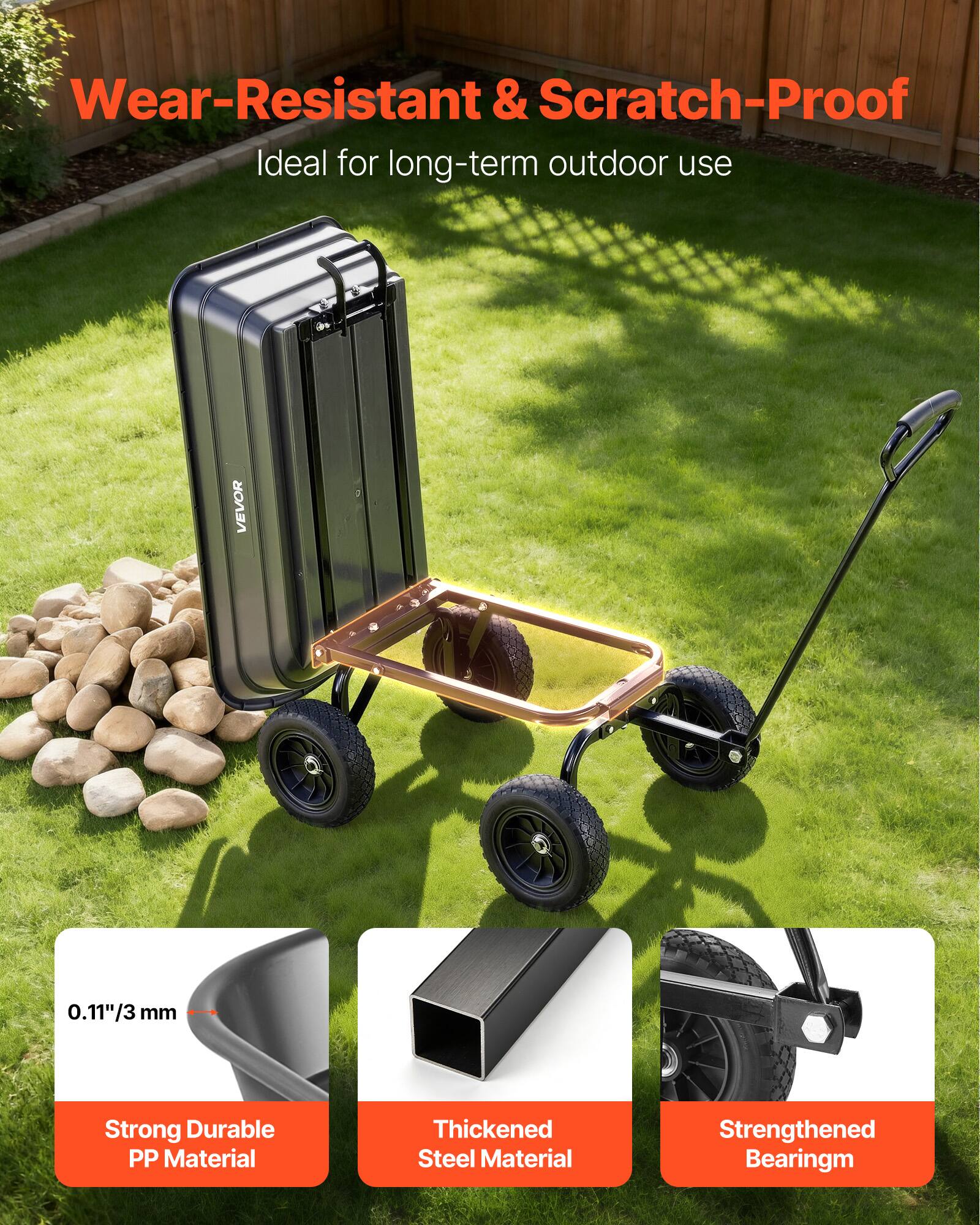 Wear-Resistant & Scratch-Proof  
Ideal for long-term outdoor use  

VEVOR  

0.11"/3 mm  
Strong Durable PP Material  
Thickened Steel Material  
Strengthened Bearing