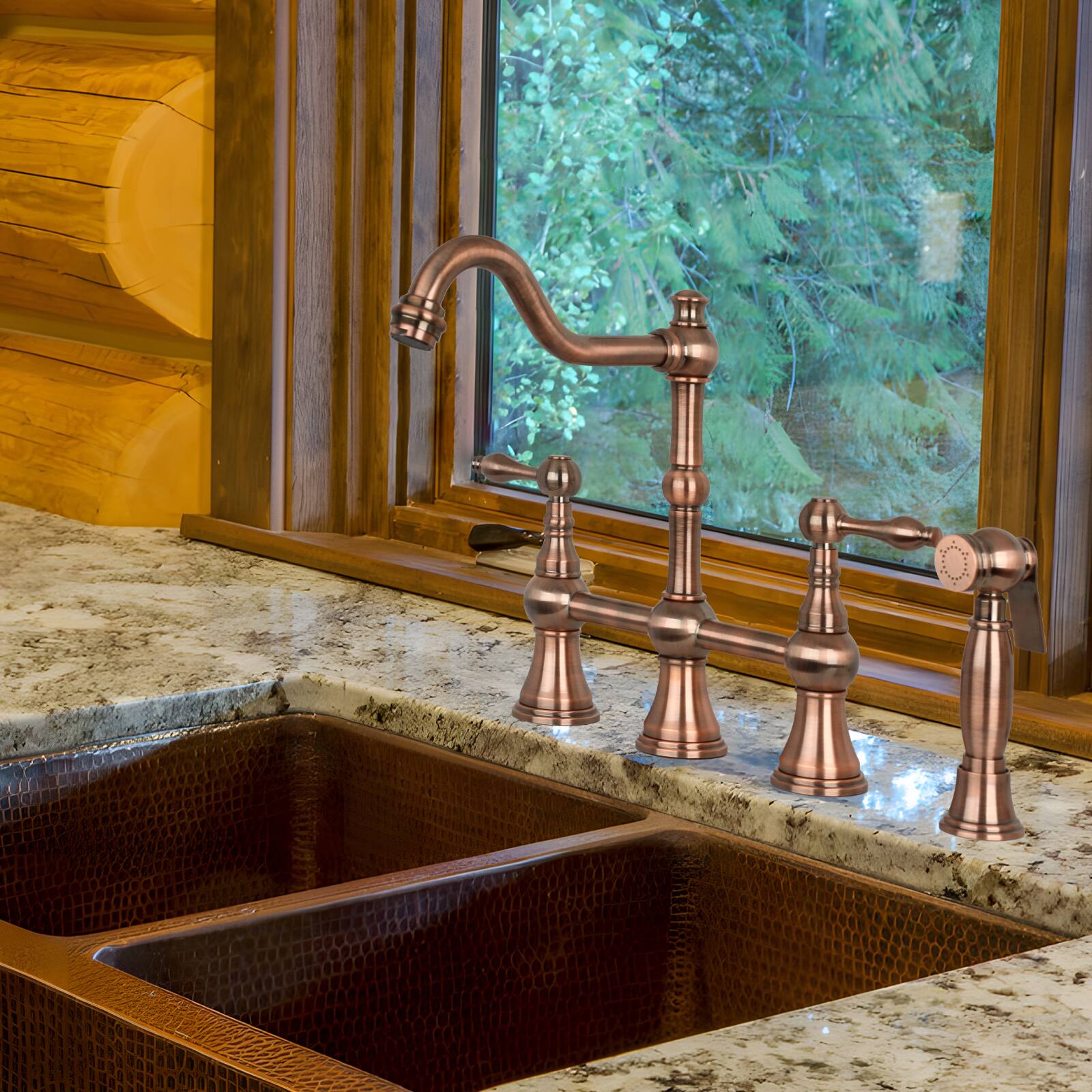 Alt View 7. Akicon - Akicon Solid Brass Bridge Kitchen Faucets with Side Sprayer 2 Lever Handles in Antique Copper - Antique Copper.