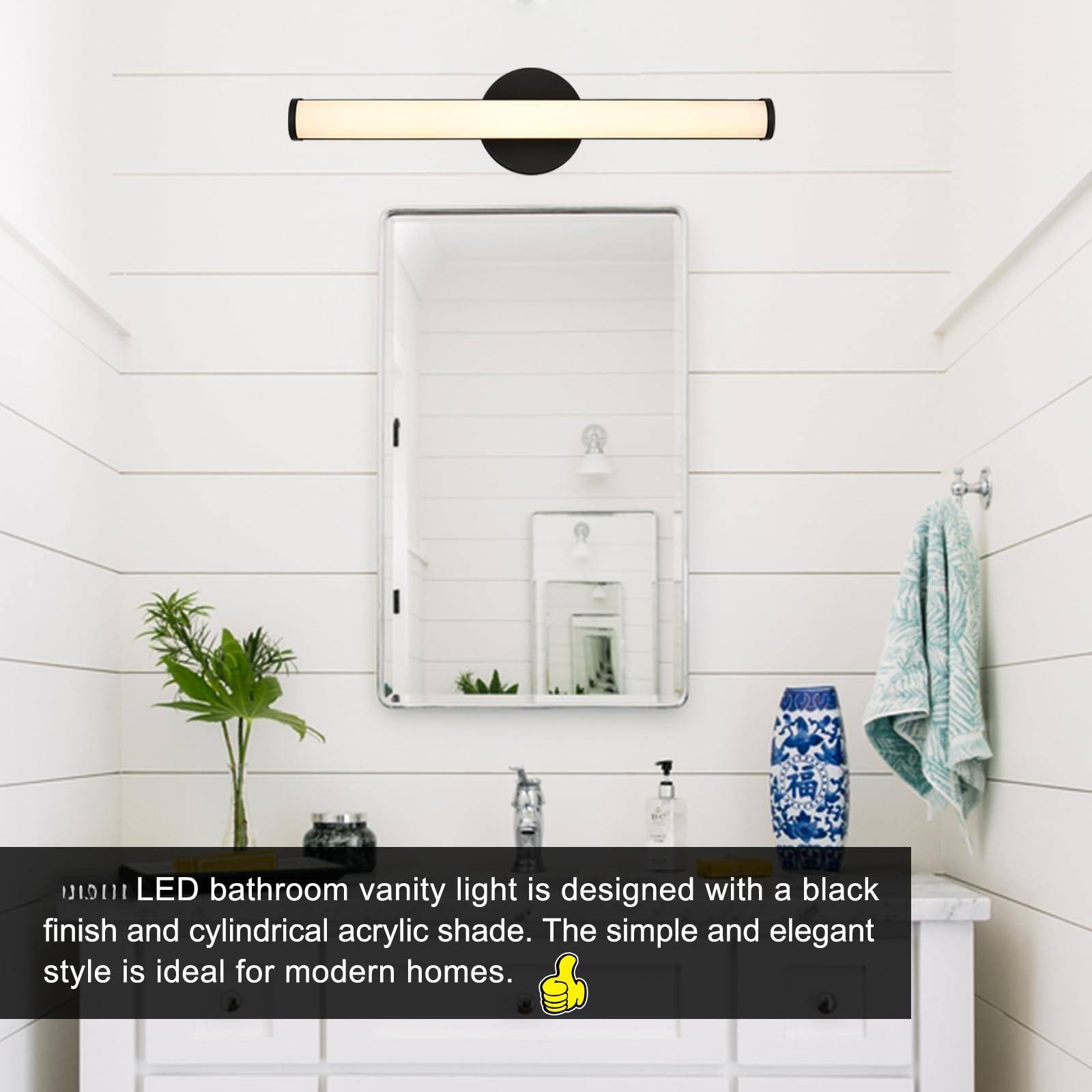 The O11101L1 LED bathroom vanity light is designed with a black finish and cylindrical acrylic shade. The simple and elegant style is ideal for modern homes.