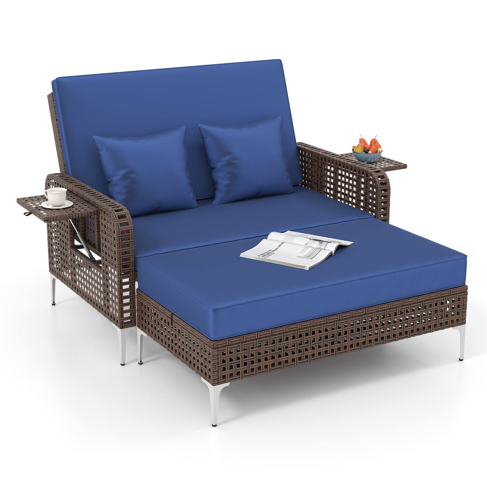 Alt View 5. Gymax - Gymax 2PCS Wicker Loveseat & Storage Ottoman w/ 4-Level Backrest & Soft Cushion Navy - Blue.