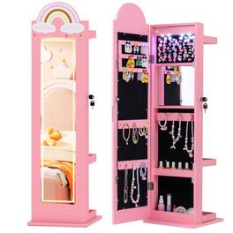Gymax - 3 In 1 Kids Jewelry Cabinet w/3-Color Lighted Full Length Mirror Clothes Rack - Pink