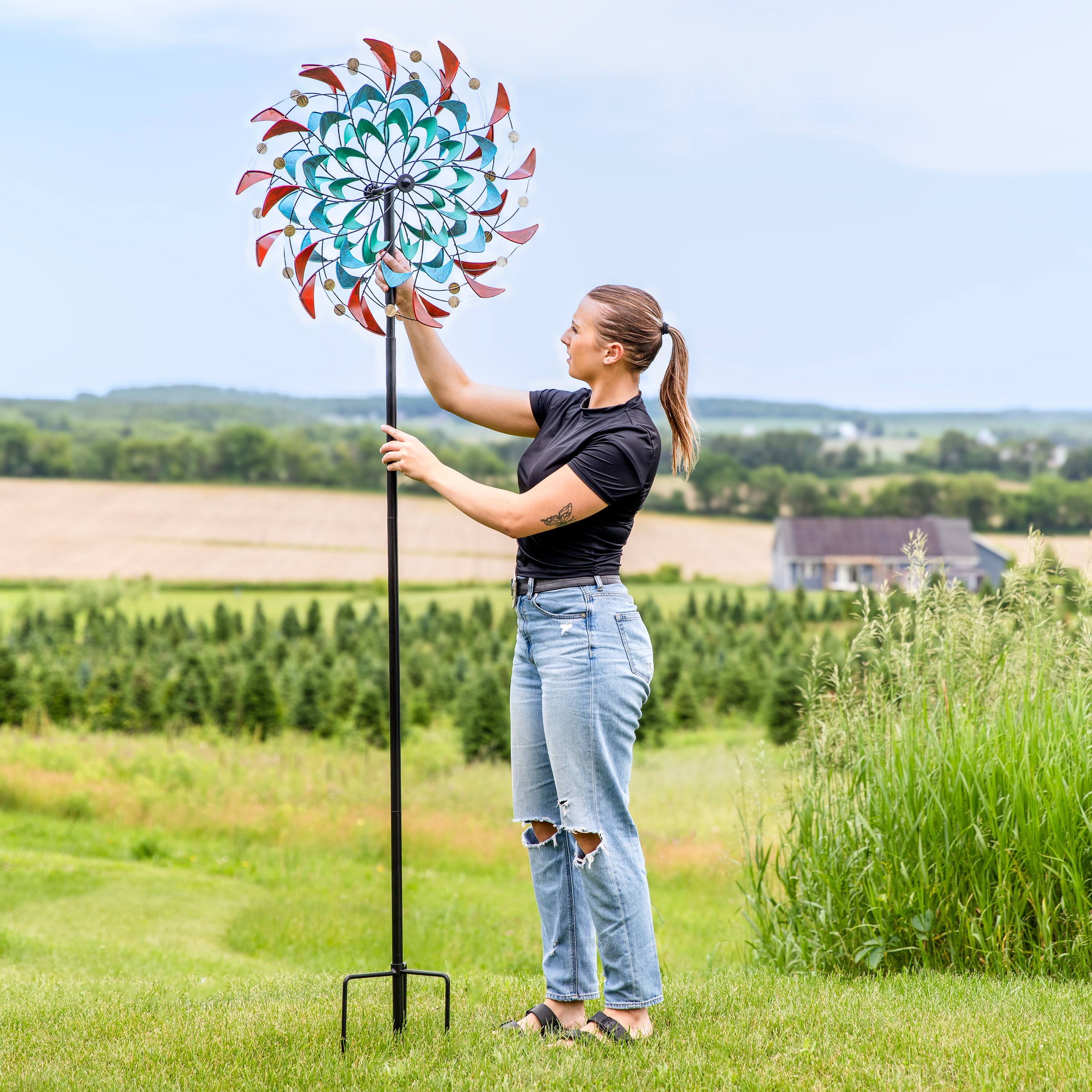 Alt View 8. Sunnydaze - Rainbow Breezes Powder-Coated Iron Wind Spinner - 84" H - Multi.