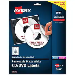 Avery - Printable CD Labels, Removable, Laser/Inkjet, Matte 50 CD Labels & 100 Spine Labels/Pack - White