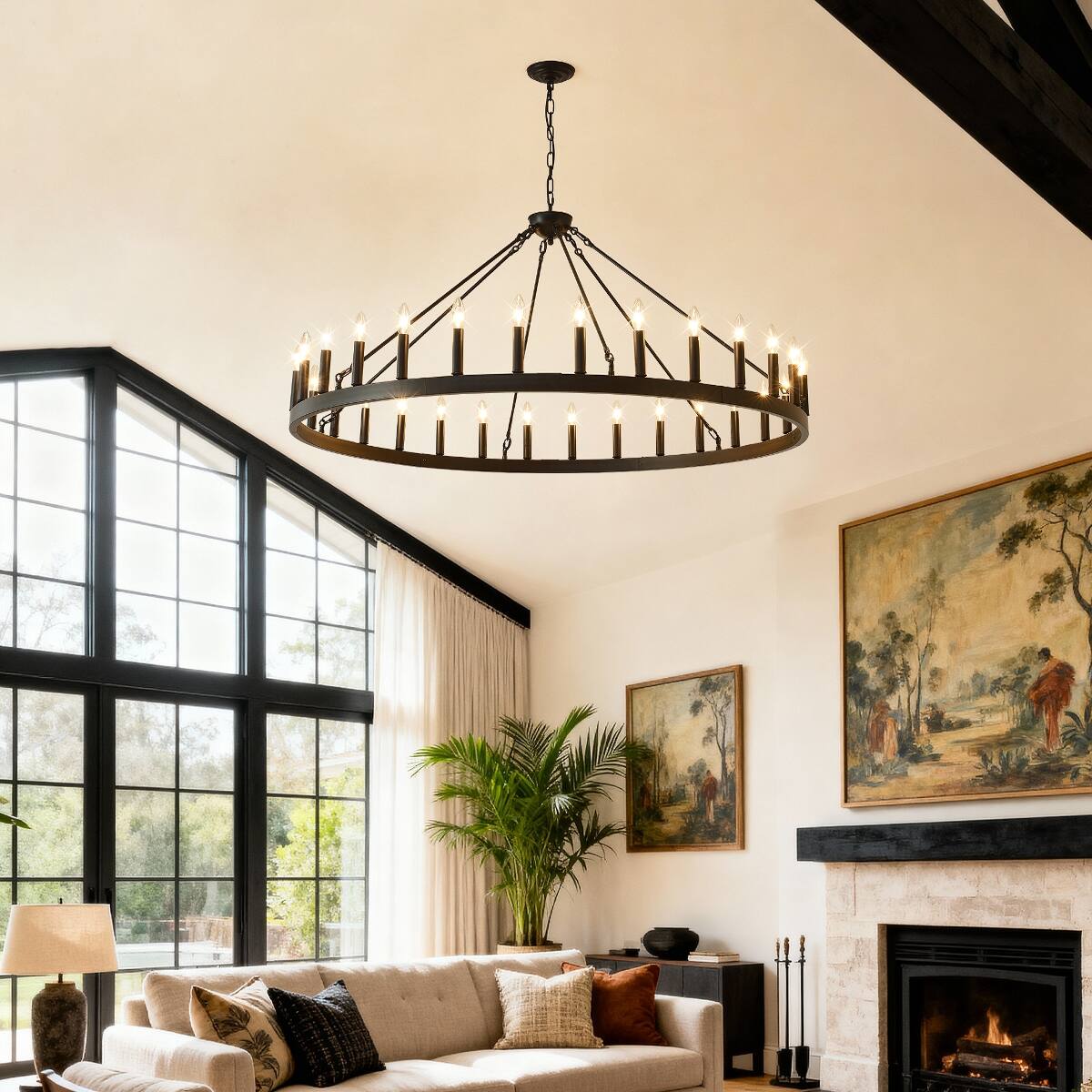 Left. Loheer - Loheer Matte Black Wagon Wheel Chandelier, Thirty Light E12 Farmhouse Ceiling Fixture for Large Rooms.