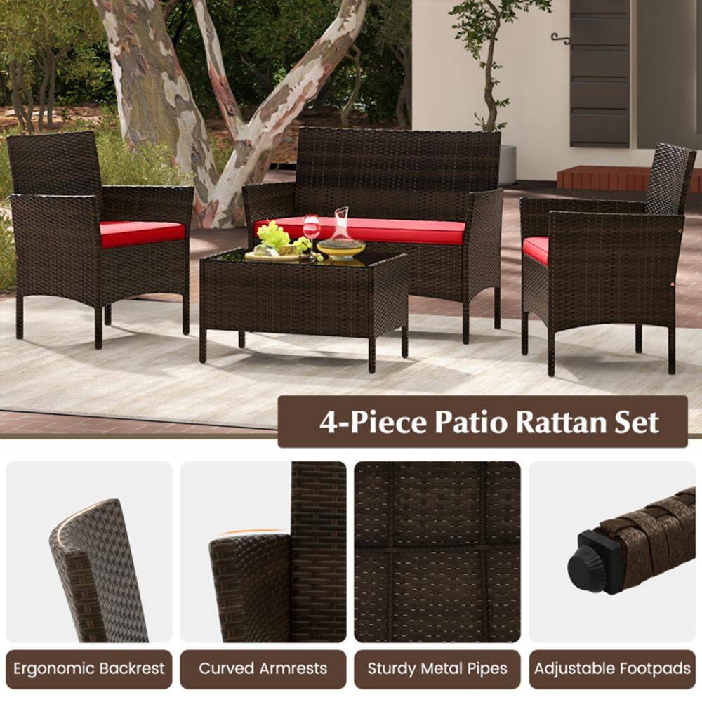 4-Piece Patio Rattan Set

- Ergonomic Backrest
- Curved Armrests
- Sturdy Metal Pipes
- Adjustable Footpads