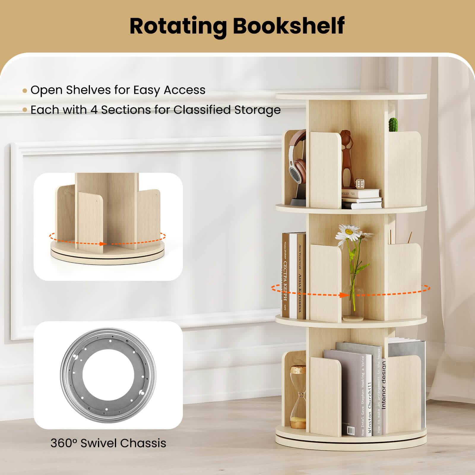 Rotating Bookshelf

- Open Shelves for Easy Access
- Each with 4 Sections for Classified Storage

360° Swivel Chassis