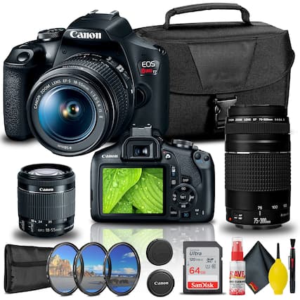Canon EOS Rebel T7
Canon Zoom Lens EF-S 18-55mm 1:3.5-5.6 IS II
Canon Zoom Lens EF 75-300mm 1:4-5.6 IS
Canon Zoom Lens EF-S 18-55mm
SanDisk Ultra 64GB 120MB/s
Canon Lens Cap
Canon Lens Hood
Canon Lens Cleaning Kit
Canon Camera Bag
Canon Camera Strap
Canon Camera Lens Filter Set (3 pieces)
