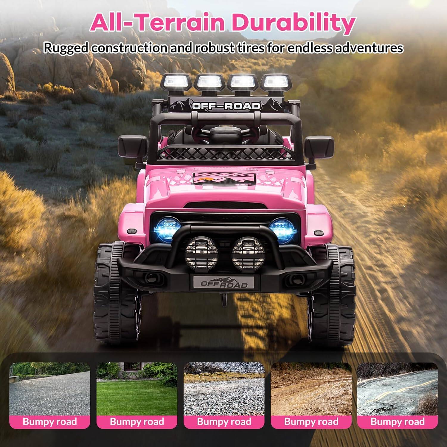 All-Terrain Durability  
Rugged construction and robust tires for endless adventures  

OFF-ROAD  

Bumpy road  
Bumpy road  
Bumpy road  
Bumpy road  
Bumpy road