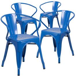 Emma + Oliver - Commercial Grade 4 Pack Metal Indoor-Outdoor Chair with Arms - Blue