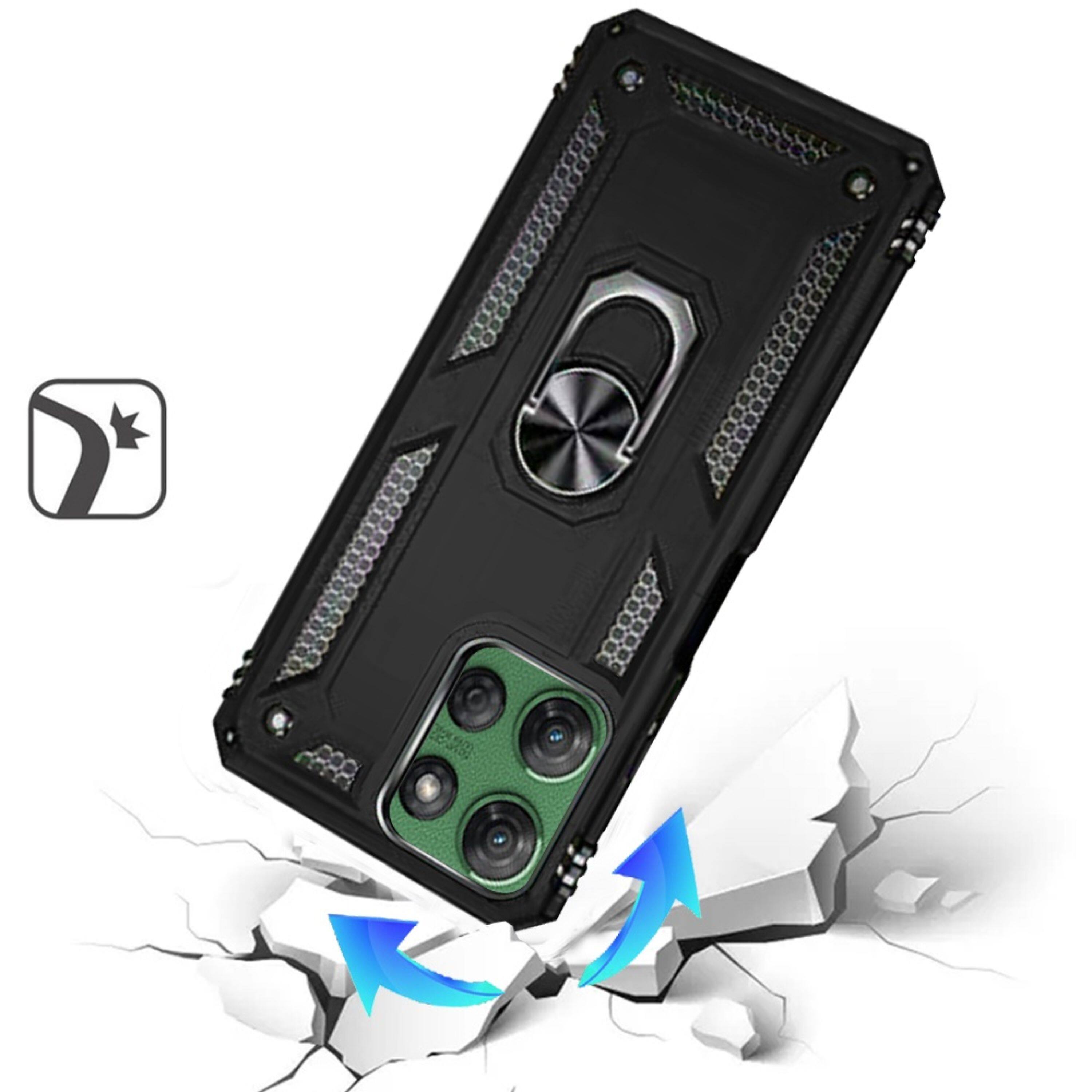 Left. Kitcheniva - Sturdy Magnetic Ring Stand Hybrid Case With Tempered Glass For Moto G Power 2025/2026 Black - Black.