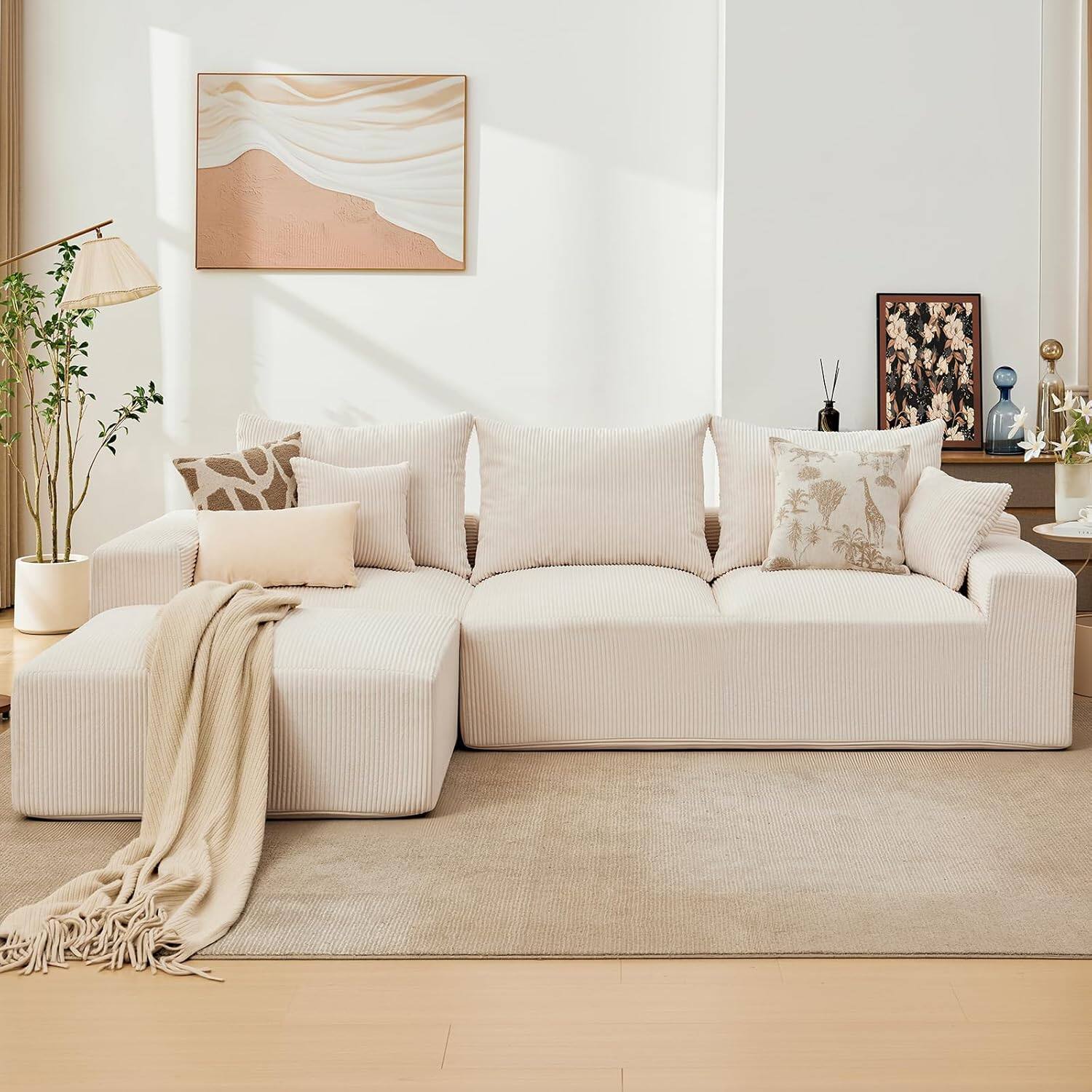 Front. Homhougo - 110-Inch Cloud Sectional Couch with Throw Pillows, Large L-Shaped Corduroy Sofa, Left Chaise, Beige - Beige Left.