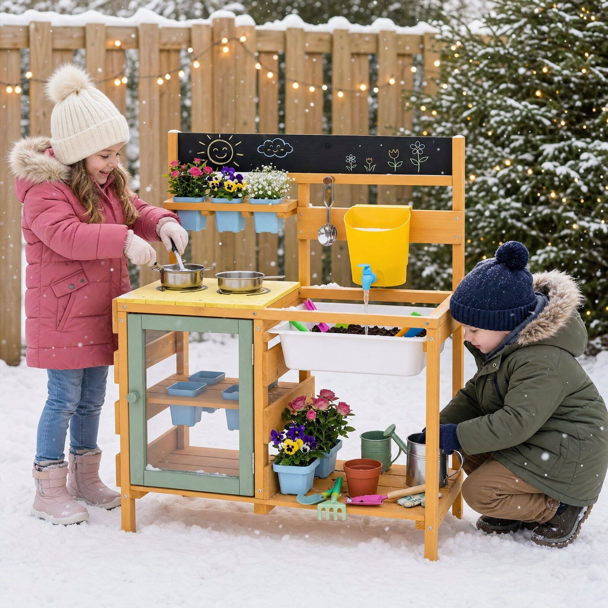 Alt View 4. Costway - Costway Kids Wooden Mud Kitchen with 14 Accessories, 2 Stoves - Yellow.