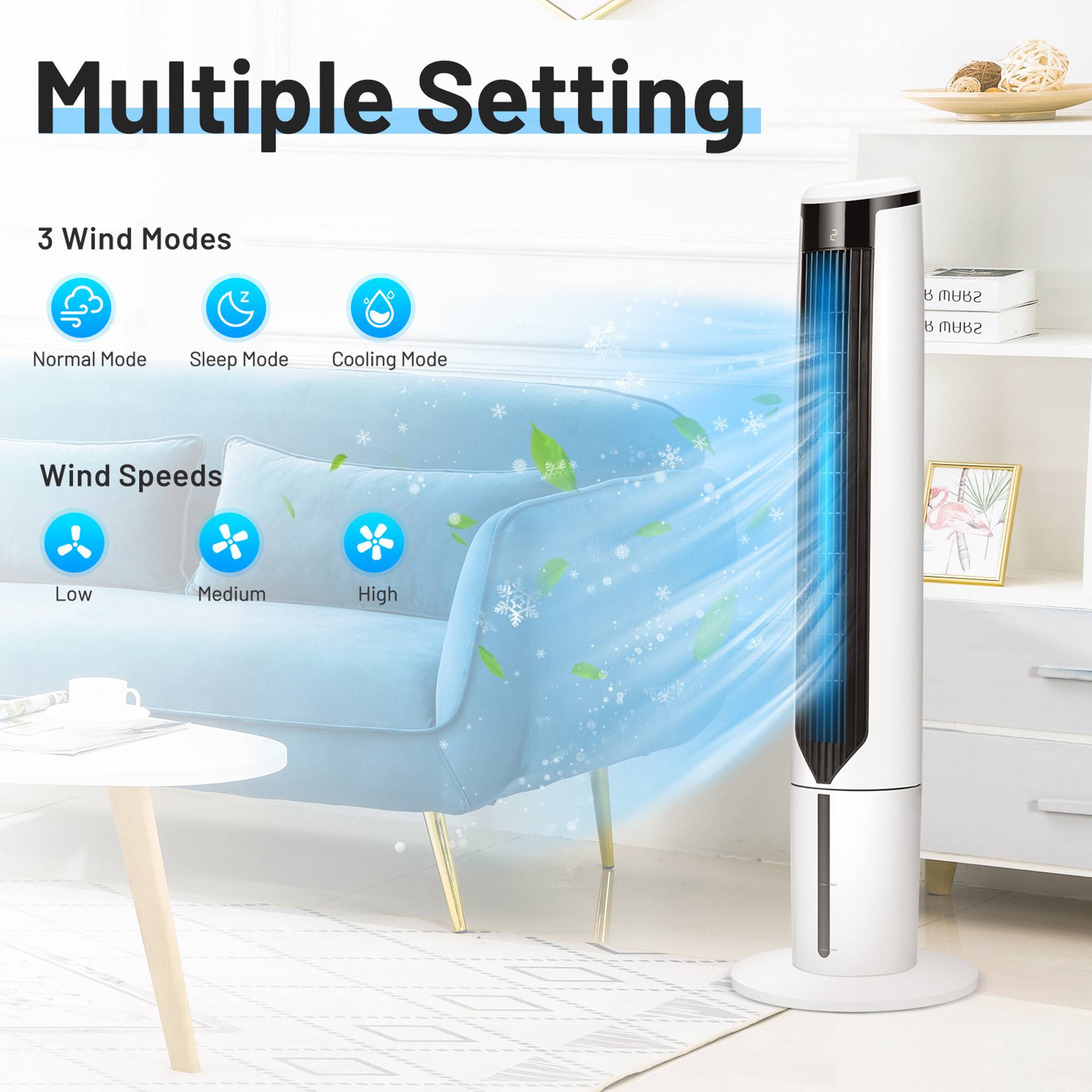 Multiple Setting

3 Wind Modes
- Normal Mode
- Sleep Mode
- Cooling Mode

Wind Speeds
- Low
- Medium
- High
