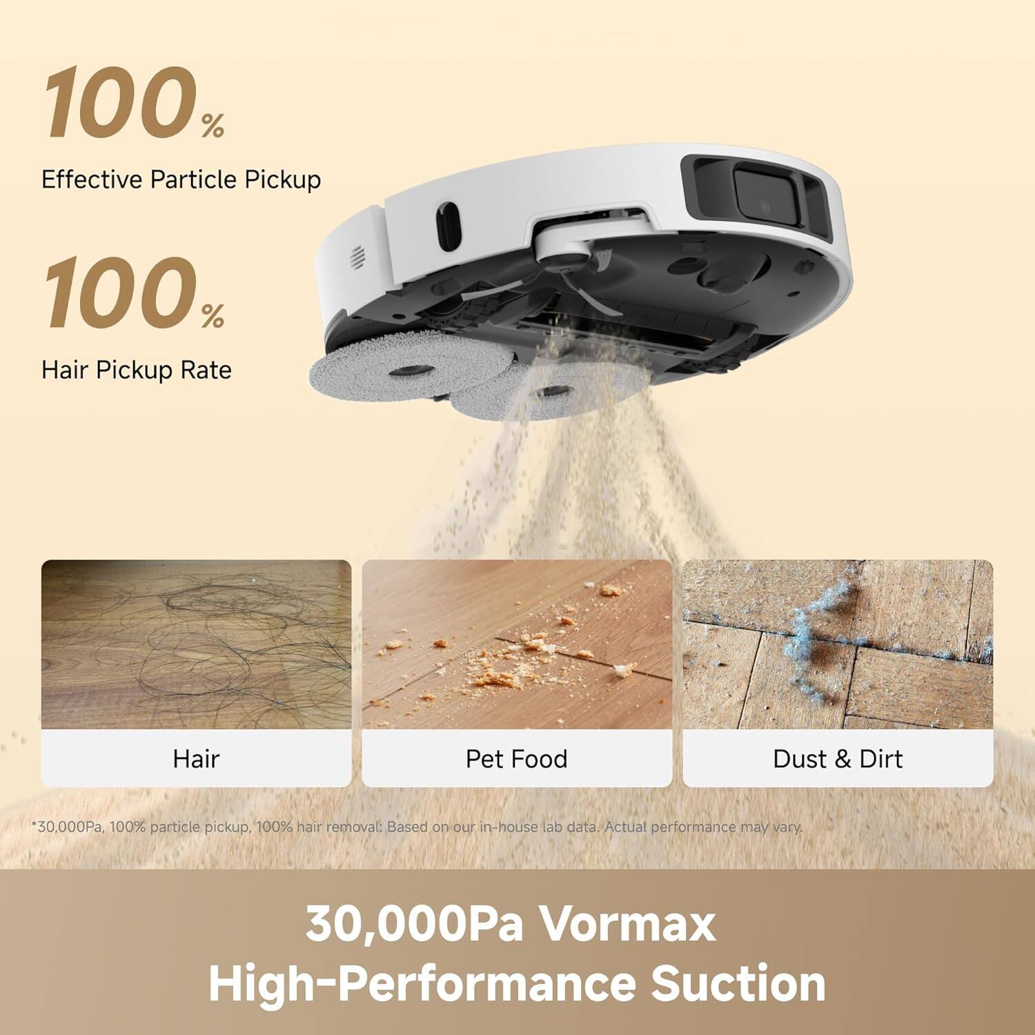 100% Effective Particle Pickup  
100% Hair Pickup Rate  
Hair, Pet Food, Dust & Dirt  
30,000Pa  

100% particle pickup, 100% hair removal: Based on our in-house lab data. Actual performance may vary.  

30,000Pa Vormax High-Performance Suction