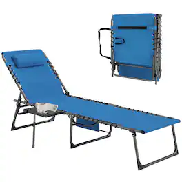 Outsunny - Folding Chaise Lounge Chair Outdoor Tanning Chair with Side Table, 5-Level Adjustable Beach Lounge Chair with Headrest - Blue