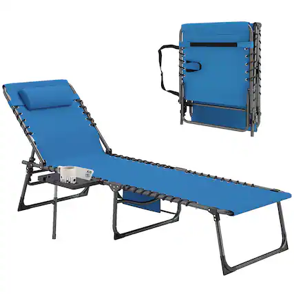 Front. Outsunny - Folding Chaise Lounge Chair Outdoor Tanning Chair with Side Table, 5-Level Adjustable Beach Lounge Chair with Headrest - Blue.