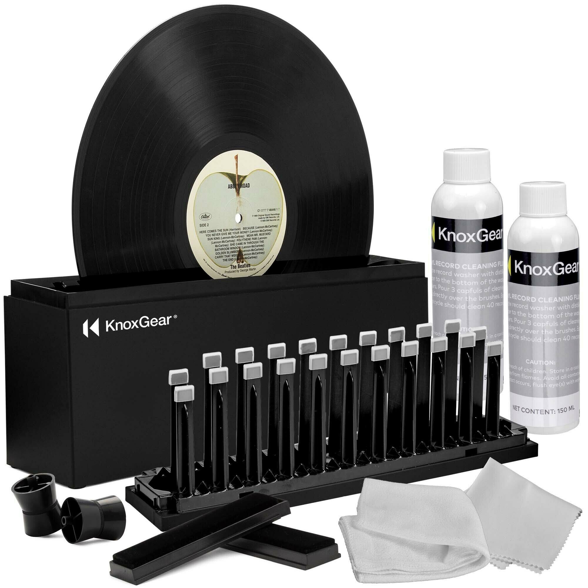 Sure, here is the corrected and grouped text:

---

**KnoxGear**

**RECORD CLEANING FLUID**

1. Pour 3 capfuls of cleaning fluid to the bottom of the washer.
2. Pour 3 capfuls of cleaning fluid to the bottom of the washer.
3. Pour 3 capfuls of cleaning fluid to the bottom of the washer.
4. Pour 3 capfuls of cleaning fluid to the bottom of the washer.

**CAUTION:**
- Keep out of reach of children.
- Store in a cool, dry place.
- Avoid eye(s) contact.

**NET CONTENT: 150 ML**

---

This text is from the image of the KnoxGear record cleaning kit.