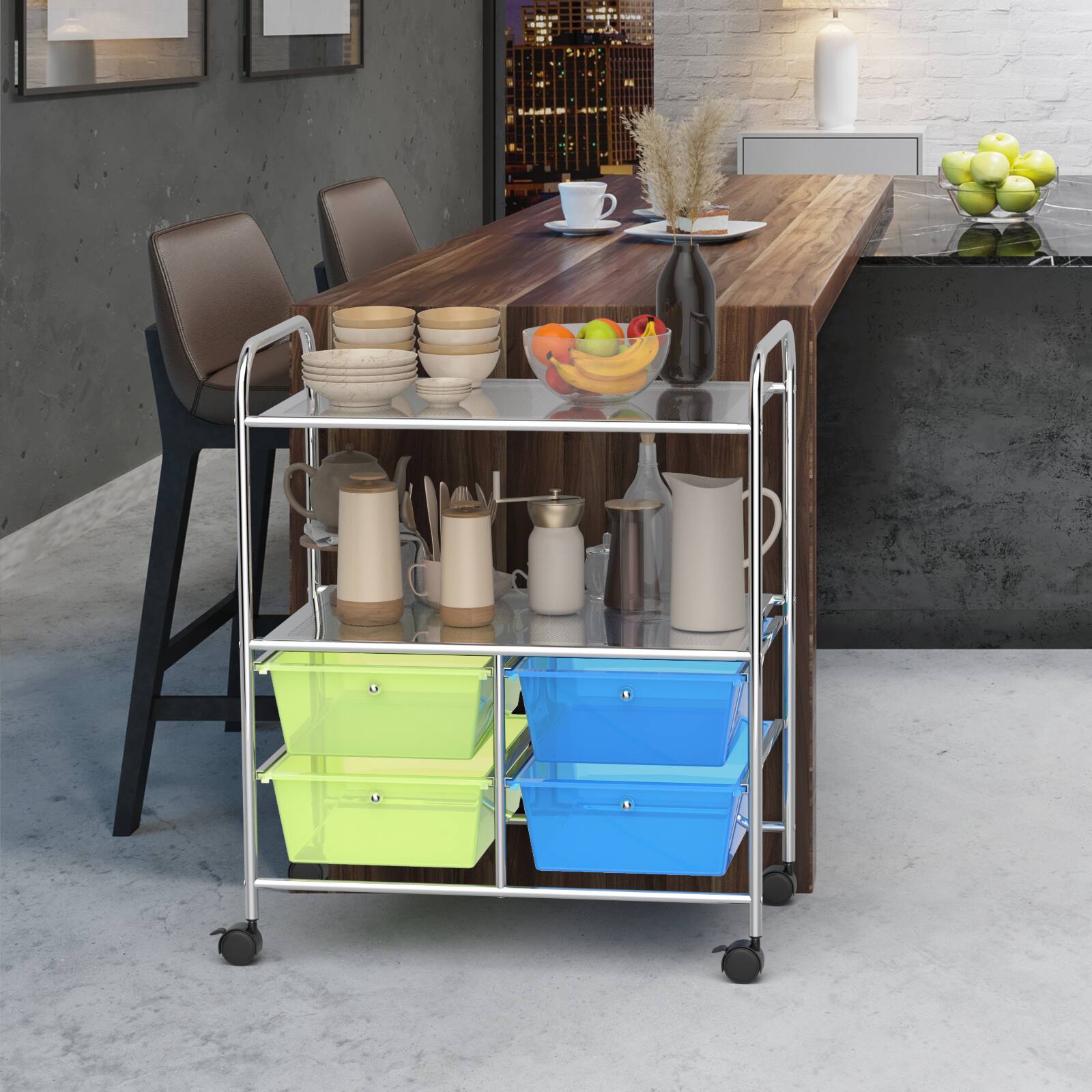 Alt View 5. Costway - 4 Drawer Rolling Storage Cart Scrapbook Paper Office School Organizer - Green + Blue.