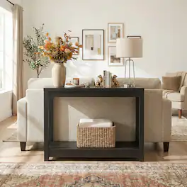 Aheaplus - 32" Small Farmhouse Wood Entryway Table: Narrow Console with Open Storage Shelves for Behind Couch, Easy Assembly - Black