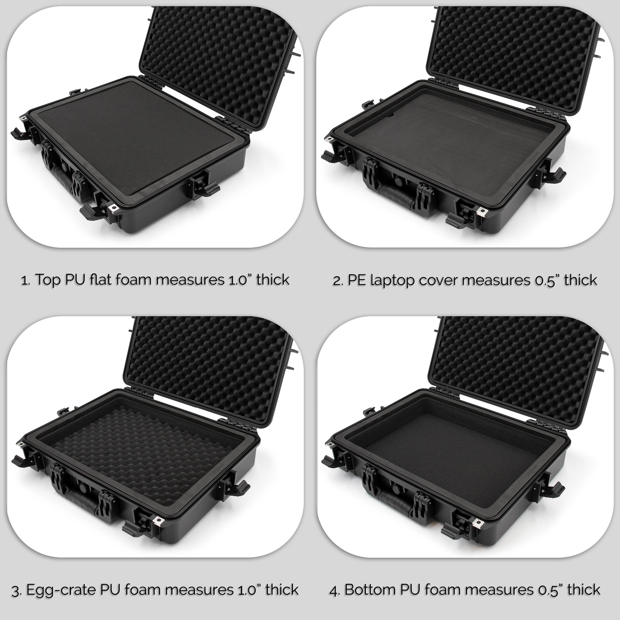 1. Top PU flat foam measures 1.0" thick  
2. PE laptop cover measures 0.5" thick  
3. Egg-crate PU foam measures 1.0" thick  
4. Bottom PU foam measures 0.5" thick