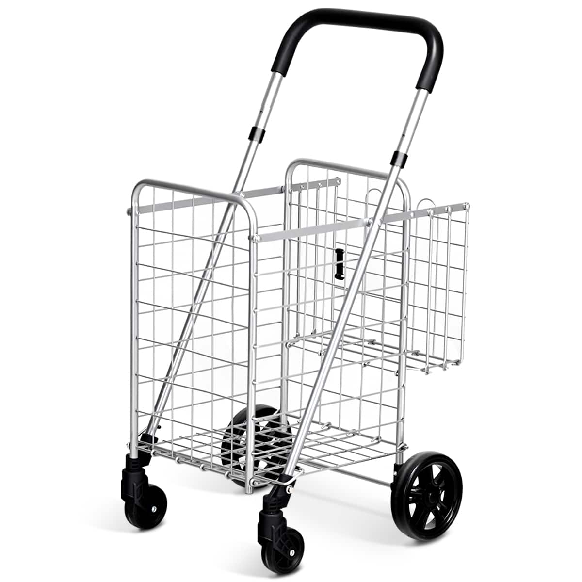 Front. Costway - Folding Shopping Cart Jumbo Basket Rolling Utility Trolley with Adjustable Handle - Silver.