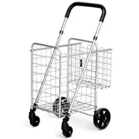 Costway - Folding Shopping Cart Jumbo Basket Rolling Utility Trolley with Adjustable Handle - Silver - Front_Zoom
