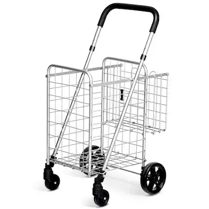 Front. Costway - Folding Shopping Cart Jumbo Basket Rolling Utility Trolley with Adjustable Handle - Silver.