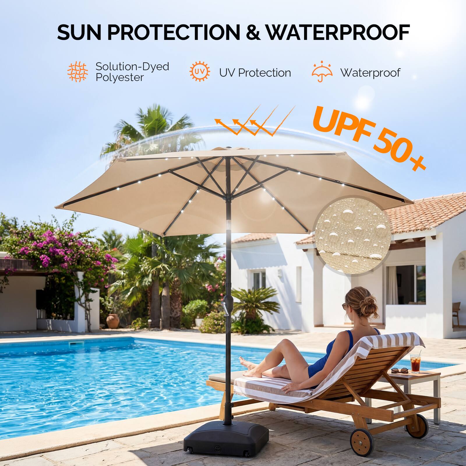 SUN PROTECTION & WATERPROOF

- Solution-Dyed Polyester
- UV Protection
- Waterproof

UPF 50+