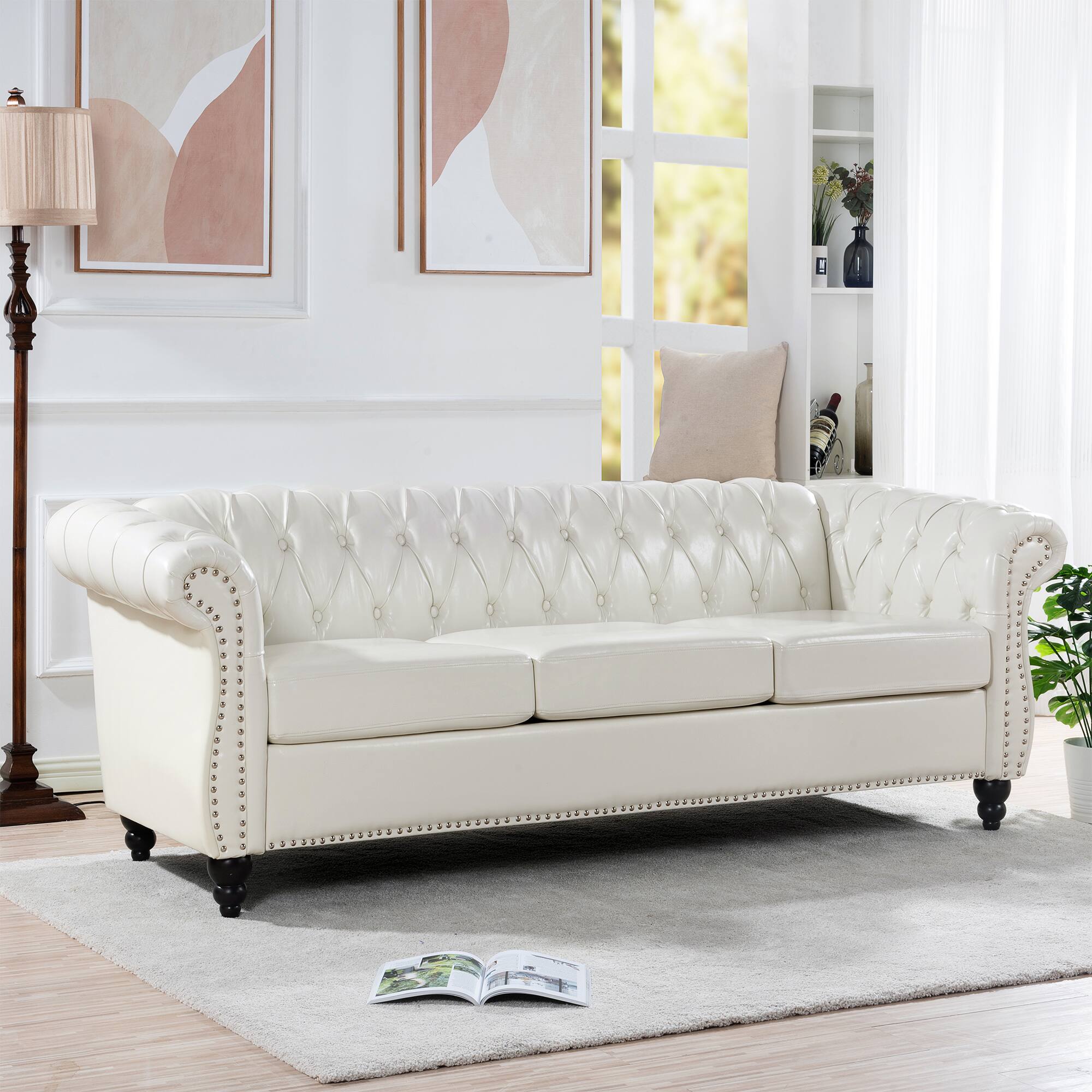 "Anysun - 84"" Faux Leather 3-Seat Chesterfield Sofa - Rolled Arm, Deep Seating, Button Tufted for Living Room & Office - White" price history on PriceWatchPro